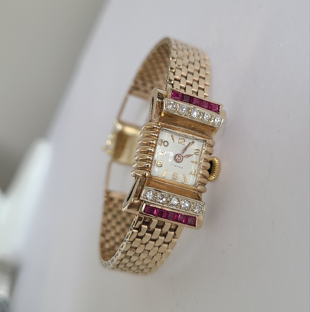 Antique 14K Yellow Gold Custom 17 Jewel Luxury Diamond Ruby Wind Up Manual Watch - Picture 2 of 16
